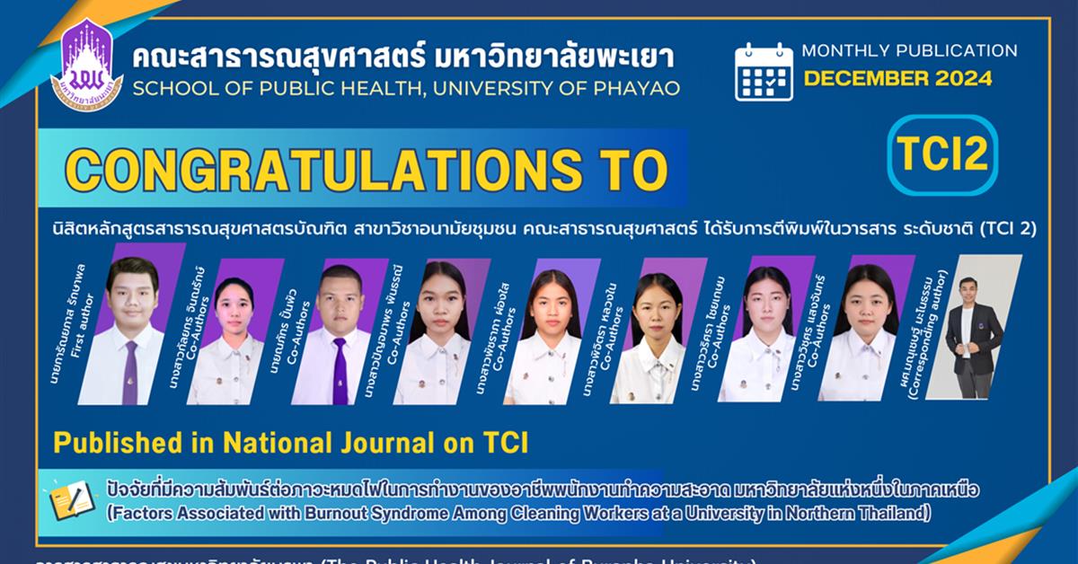 คณะสาธารณสุขศาสตร์ ขอแสดงความยินดี นิสิตหลักสูตรสาธารณสุขศาสตรบัณฑิต สาขาวิชาอนามัยชุมชน คณะสาธารณสุขศาสตร์ ได้รับการตีพิมพ์ในวารสาร ระดับชาติ (TCI 2) 